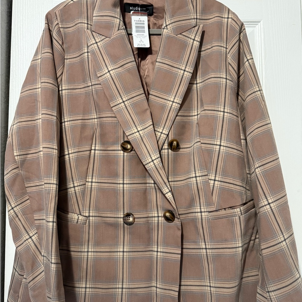 Taupe Plaid Double-Breasted Blazer